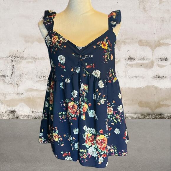 Timing Tops - Timing NWOT Womens Blue Floral Sleeveless V-Neck Tank Top-Size 1X
